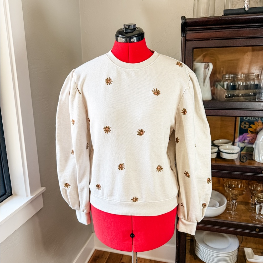 Fabienne Chapot Lin Puff Sleeve Embroidered Daisy Pullover Sweatshirt Size S